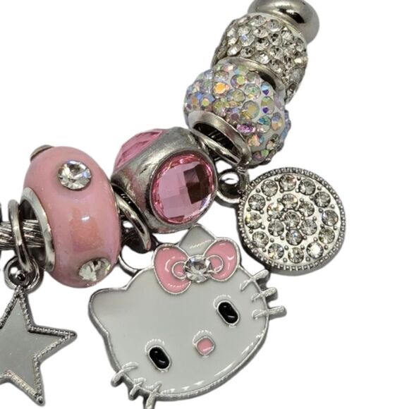 Hello Kitty Beaded Charm Bracelet Pink Rhinestone Silver Heart Bow Cat Jewelry - Picture 5 of 7